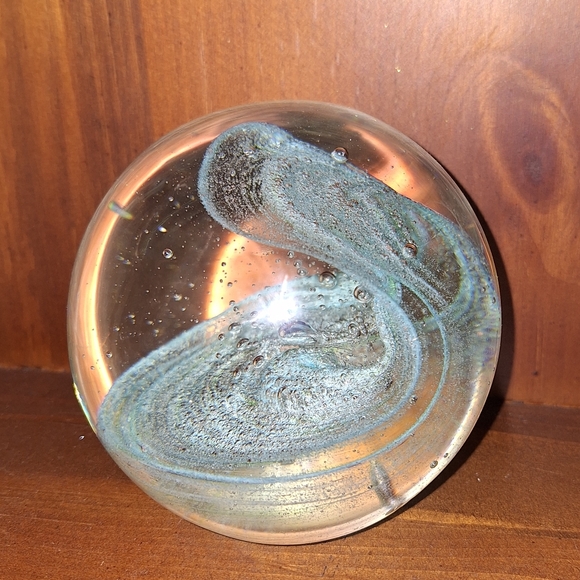 Bubble Glass Paper Weight Hand Made Blown Magic Teal Aqua Green Tinted Pearl - Picture 10 of 16